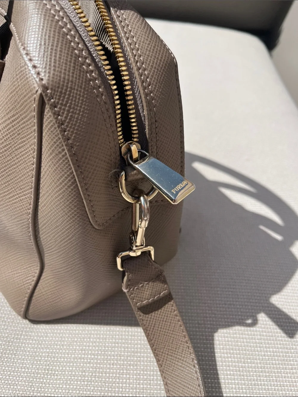 Furla Taupe Saffiano Leather Dome Satchel with Strap